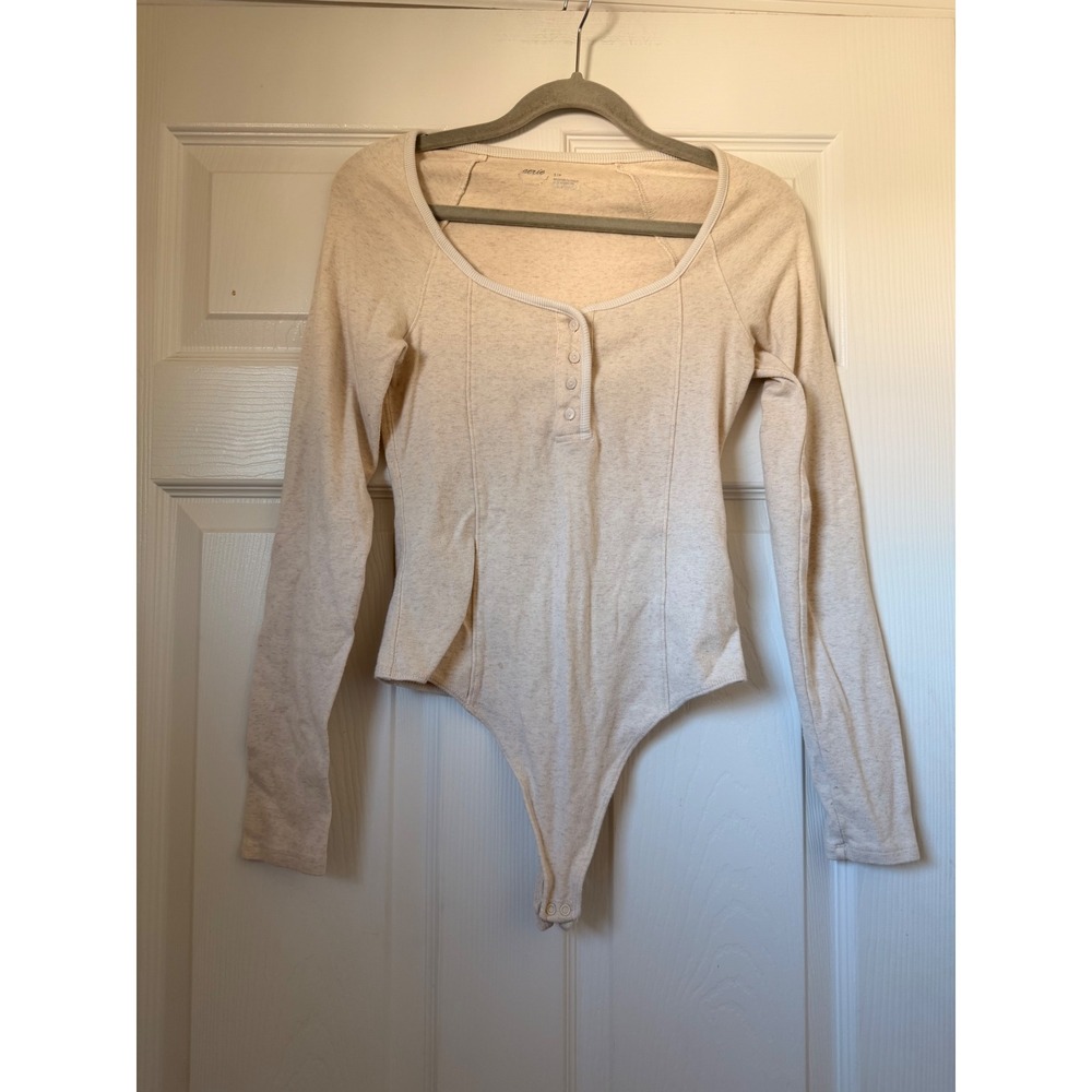 Aerie Long Sleeve Henley Bodysuit Cream Oatmeal Heathered Scoop Neck Small
